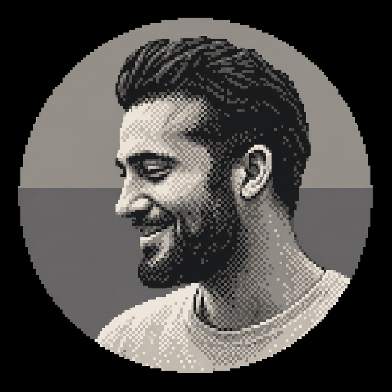 Monochrome dithered portrait of Guven Kemal smiling in profile